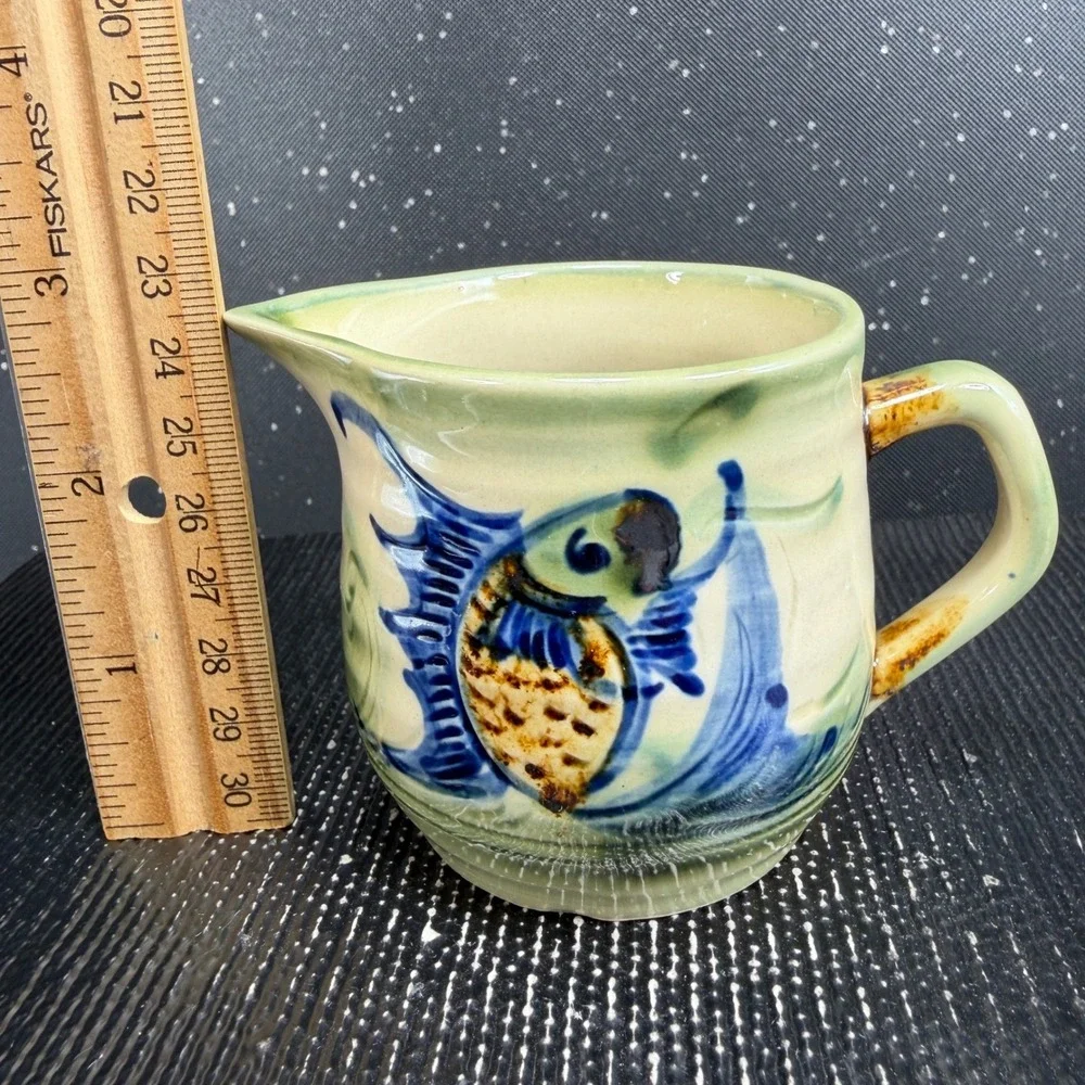Tsuboya Ware Yachimun Japanese Pottery Creamer and Saucer Set Fish Design 3in